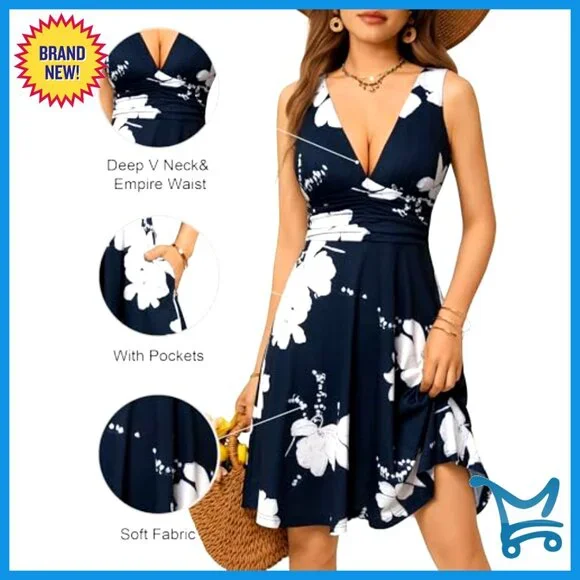 Floral Sundress Sleeveless V Neck Flowy Summer Dress with Pockets Chic - Picture 6 of 7